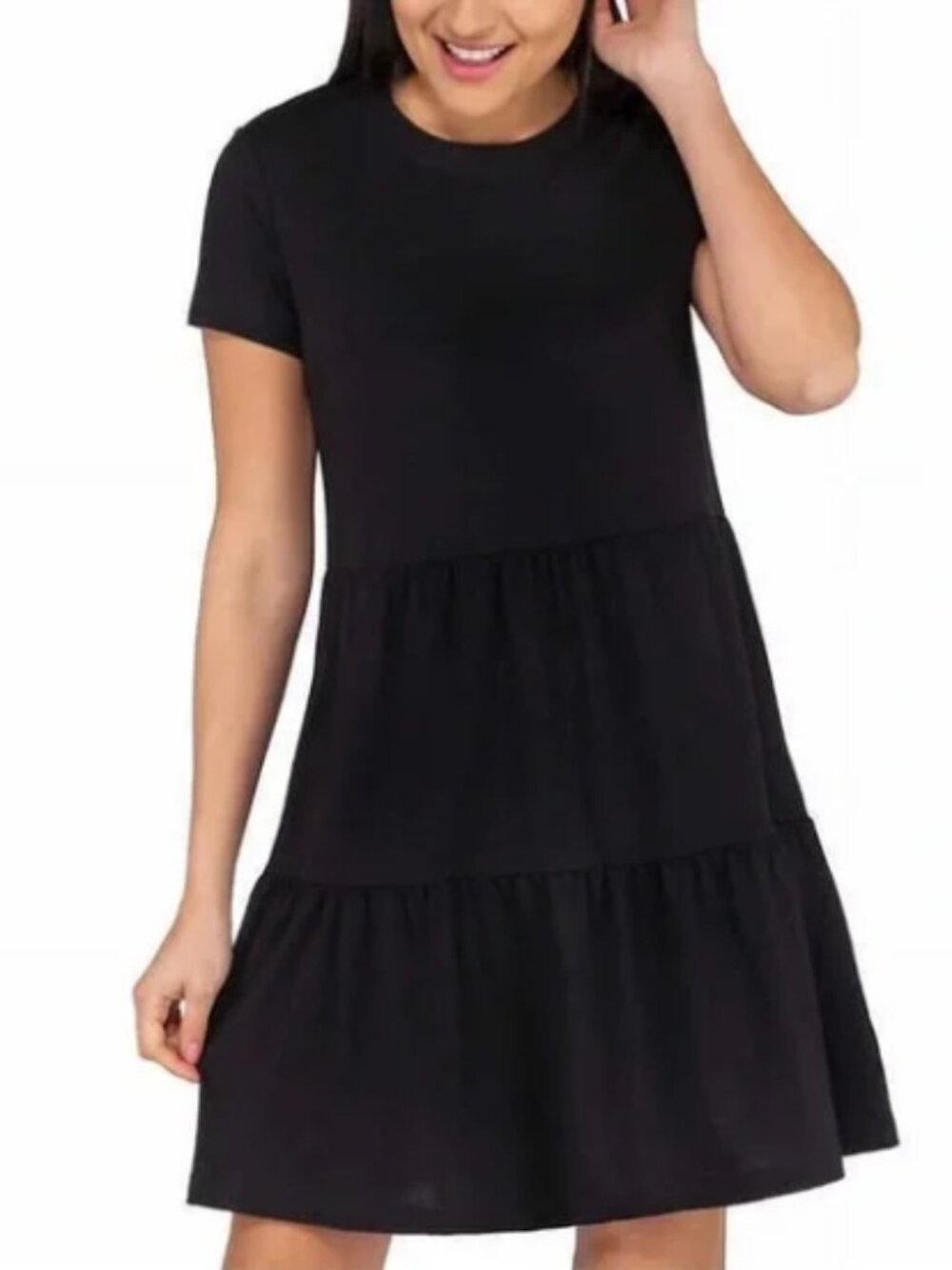 Casual Black A-Line Tiered Short Sleeve Mini Dress with Crew Neck